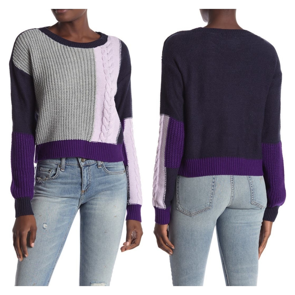 Ten Sixty Sherman Sweater Color Block Cable Knit Chunky Purple Blue Gray Boho